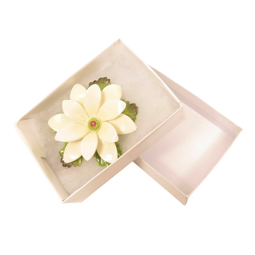 Vintage 2" Cara China Staffordshire Made in England White Green Flower Brooch